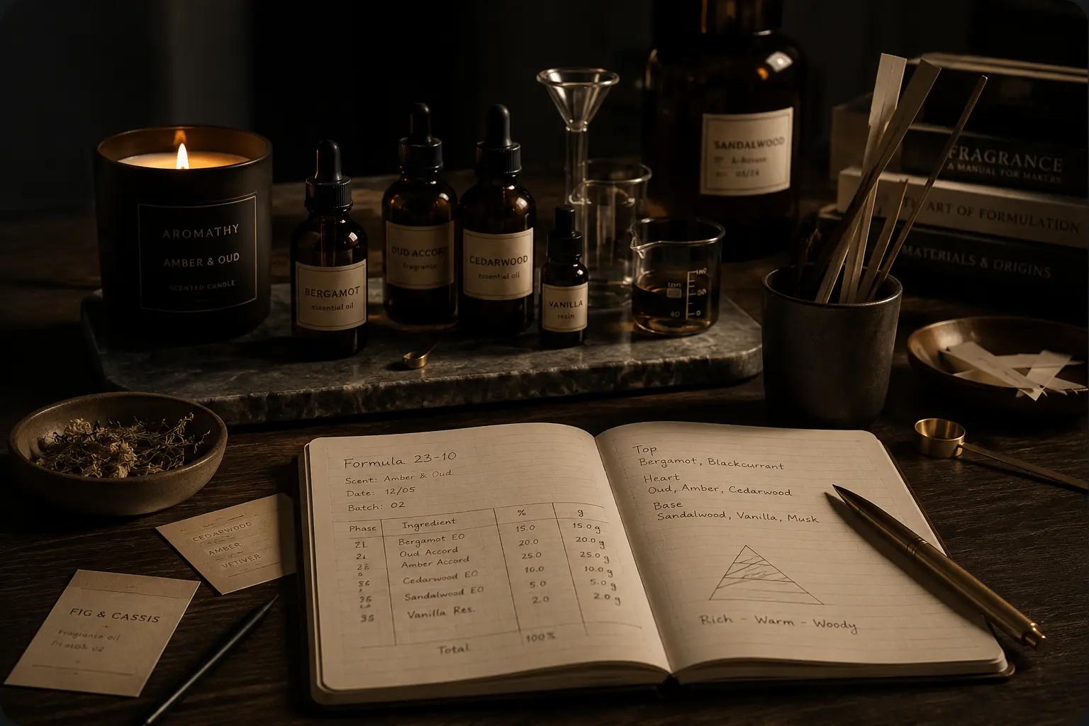 Fragrance maker's studio with raw materials and formulation tools laid out on a workbench